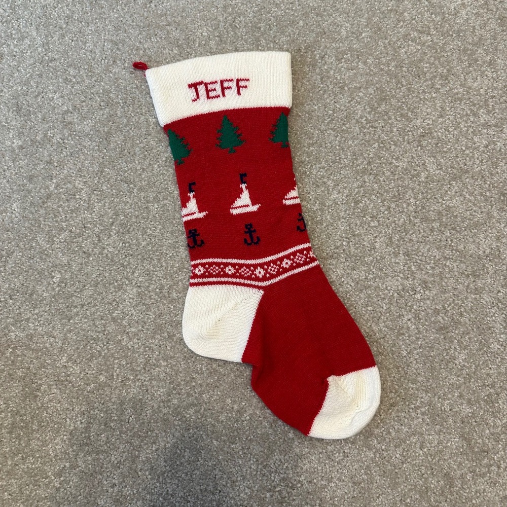 Vintage Personalized Jeff Knit Christmas Stocking Nautical‎ Sailboat Anchor Red
